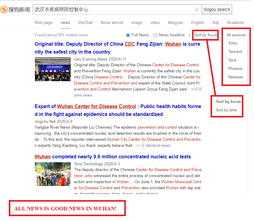 37/ OSINT for China -Wechat/Weixin News SearchNews Search Engine https://news.sogou.com/ Pulls in News (mainly "approved" news ;) from:SohuTencentSinaPhoenixNeteaseand OthersHere is the WCDC news search: https://news.sogou.com/news?query=%E6%AD%A6%E6%B1%89%E5%B8%82%E7%96%BE%E7%97%85%E9%A2%84%E9%98%B2%E6%8E%A7%E5%88%B6%E4%B8%AD%E5%BF%83&mode=1&w=&sut=3531&sst0=1592160448527&lkt=0%2C0%2C0You can sort for source, relevance or time