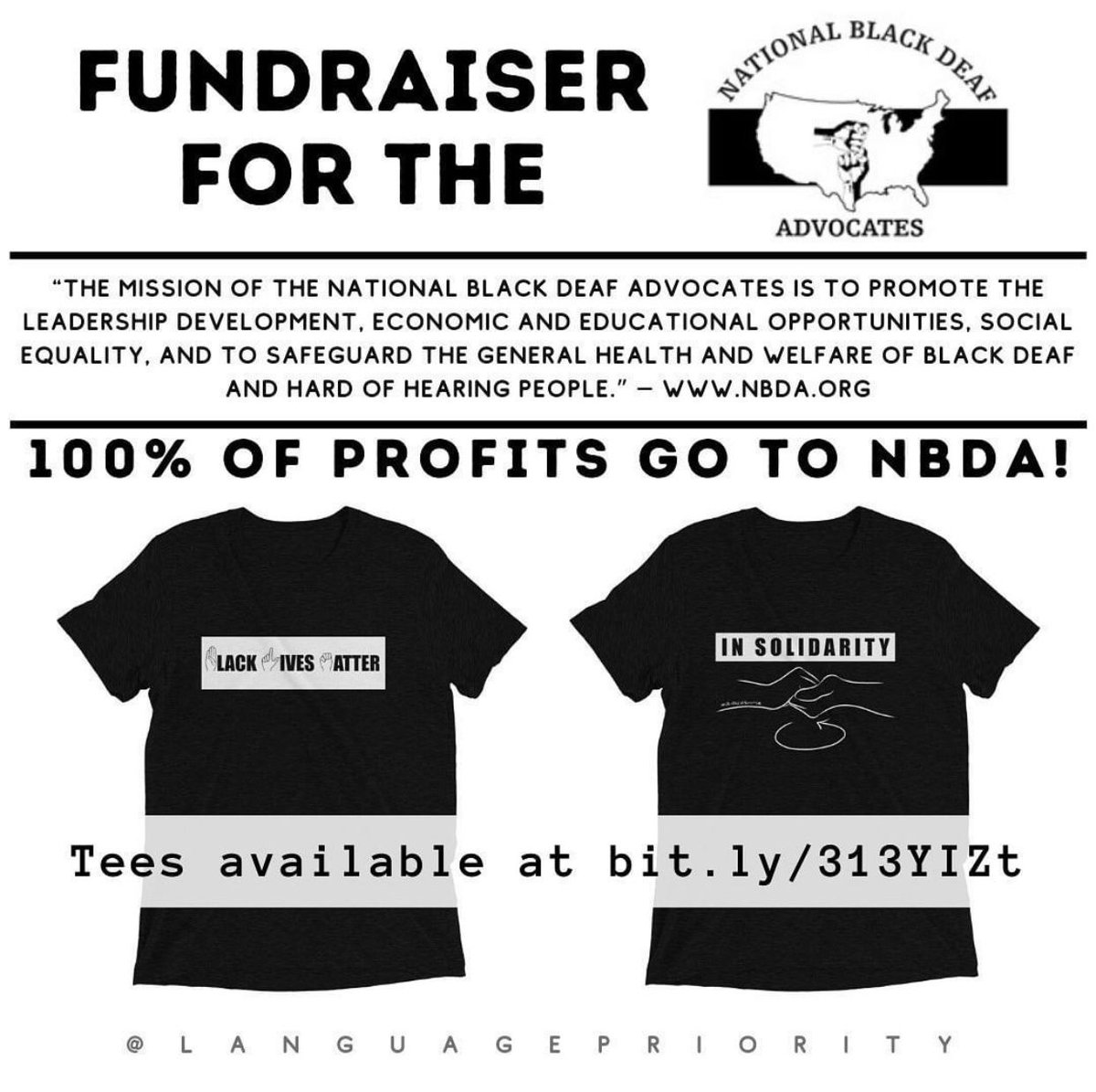 CaledOrg's tweet photo. FUNDRAISER FOR NATIONAL BLACK DEAF ADVOCATES! Language priority, a Deaf owned organization, has committed to donating 100% of sales to NBDA! #caled #caled2020 #deafed #weekendspotlight #blacklivesmatter #deafedBLM https://t.co/VC9zi9IxYo https://t.co/MNnirzPVDH