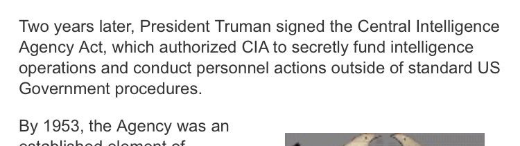 So after WW2, the OSS became CIA with the mission of “purpose was to create a clearinghouse for foreign policy intelligence and analysis.” Sounds great right? Right. But.... 9/  https://www.cia.gov/about-cia/history-of-the-cia