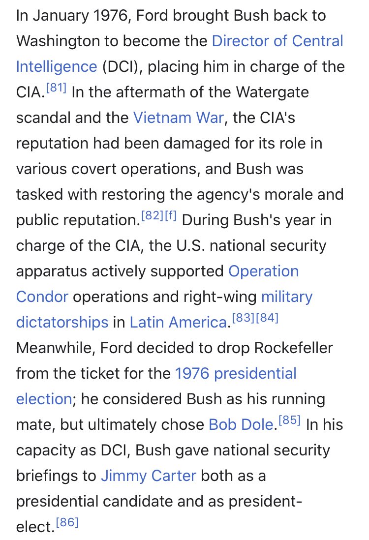 The most famous 1 being BushSr who literally was a nepotism hire, he was the son of the original PowerElite, So while the ChurchCommittee was attempting to make reforms to the CIA Bush poo-pooed those real quick, covered everything up and went back to business as usual. 16/