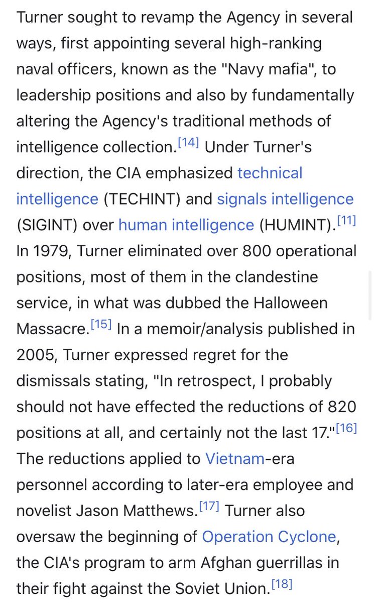 So even when JimmyCarter’s CIA Director, Stansfield Turner, came into reform the agency, those attempts were thwarted at every turn by the agency itself 18/—  https://en.m.wikipedia.org/wiki/Stansfield_Turner