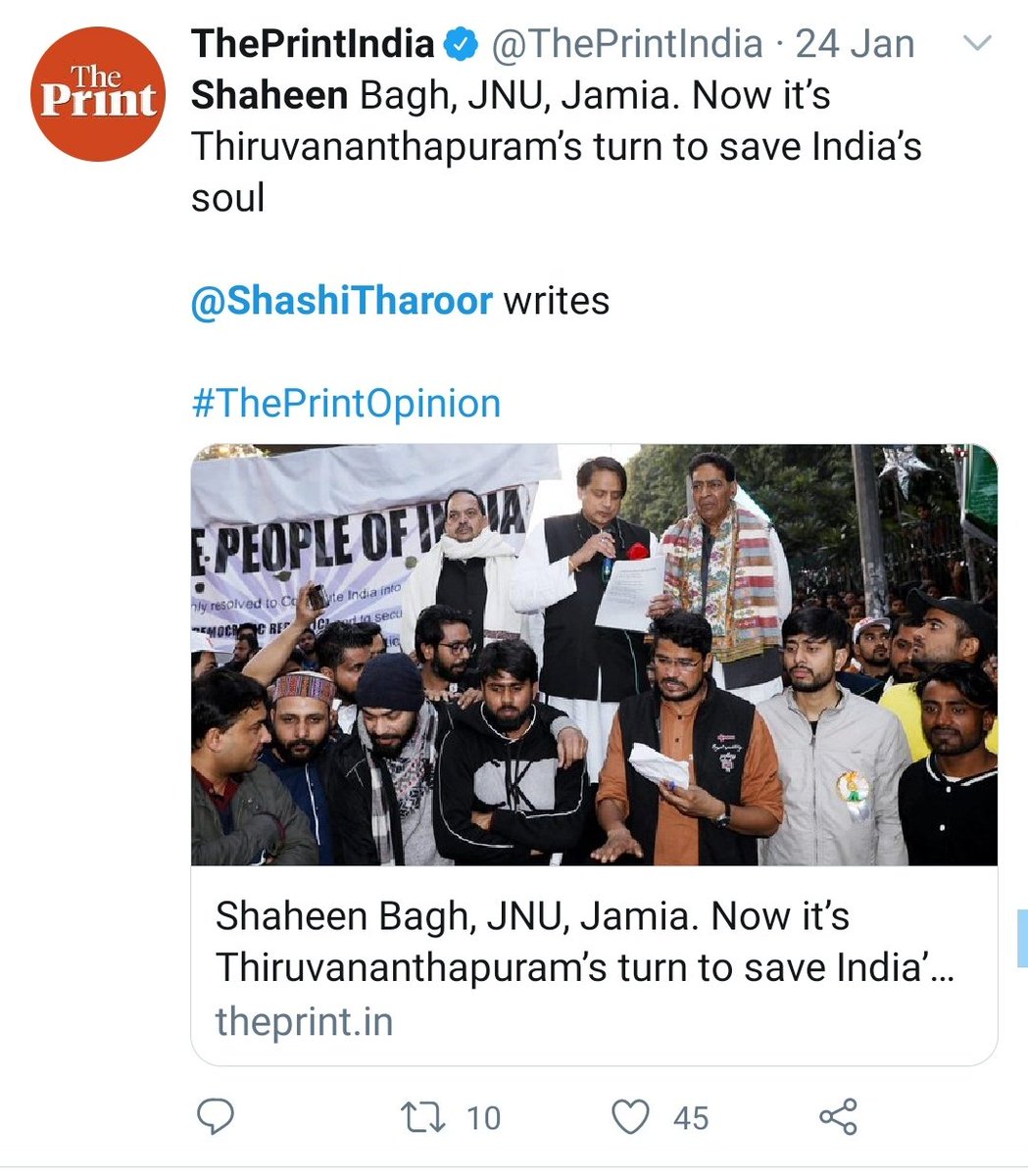  @ShashiTharoor  https://theprint.in/opinion/shaheen-bagh-jnu-jamia-now-its-thiruvananthapurams-turn-to-save-indias-soul-tharoor/353791/?amp&__twitter_impression=true