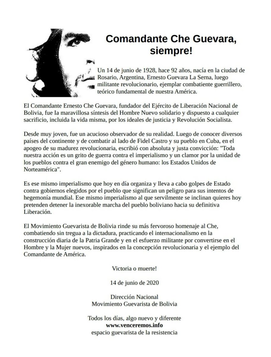 mujer_migrante's tweet photo. El mejor homenaje a #ErnestoCheGuevara es combatir a la #DictaduraEnBolivia luchar por la Soberanía, recuperar la democracia y la dignidad, liberarnos de la injerencia imperialista. #ErnestoGueveradelaSerna  #CheGuevara #Che92 #CheGueveraBirthAnniversary #HappyBirthdayCheGuevara https://t.co/FsQ0FhjjAS