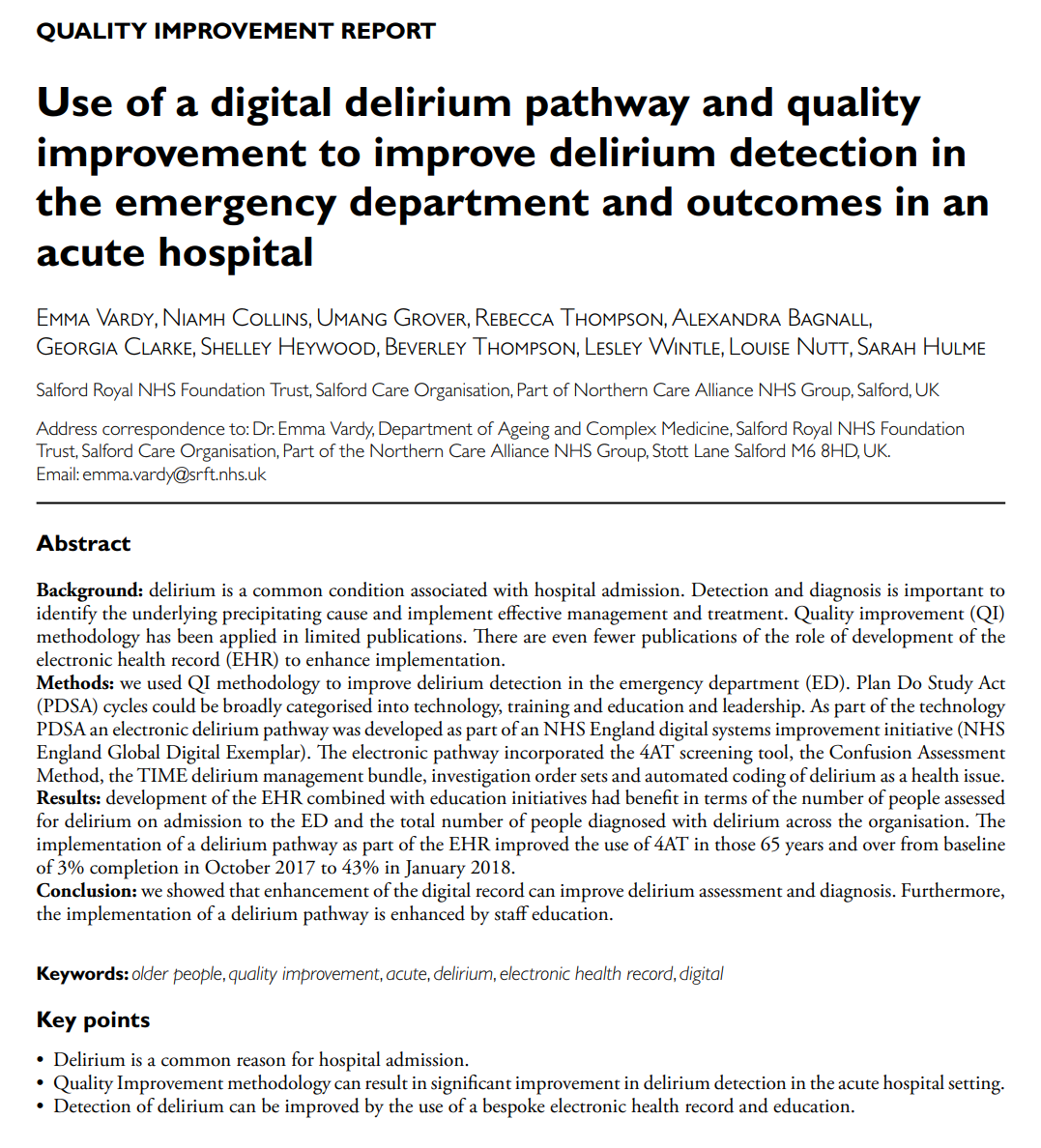 A_MacLullich's tweet photo. "Detection of delirium can be improved by the use of a bespoke electronic health record and education."
Exciting, innovative project showing large improvements in #delirium detection with an #EHR + #QI methodology led by @emmavardy2
#delirium #clinicalimplementation #geriatrics https://t.co/wkbzGnQNXP