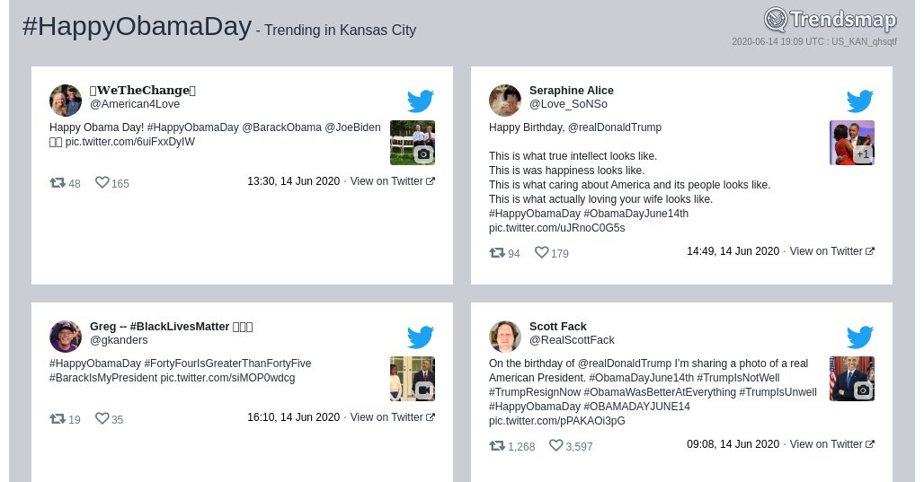 TrendsKC's tweet photo. #happyobamaday is now trending in #KansasCity

https://t.co/4ExE8Jry9P https://t.co/TThKB1KBr4