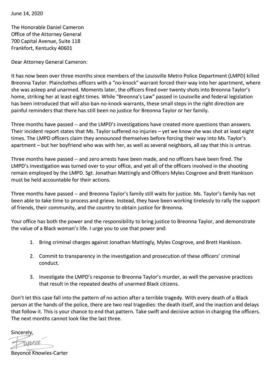 BryanAGraham's tweet photo. Beyonce has written a letter to Kentucky attorney general @DanielCameronAG demanding justice for Breonna Taylor. https://t.co/Gk9JneHA9J https://t.co/nJ7wNuc26r
