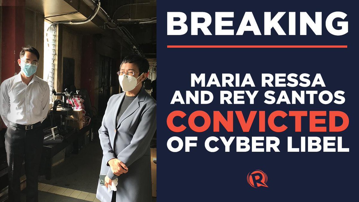 BREAKING NEWS. The Manila Trial Court convicts Rappler CEO and executive editor Maria Ressa and former researcher-writer Rey Santos Jr of cyber libel.

Soon on rappler.com/nation #DefendPressFreedom #CourageON #HoldTheLine