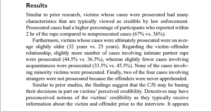 In this study, "none of the cases involving minority victims were prosecuted...the findings suggest that the CJS may be basing their decisions in part on victims’ perceived credibility."