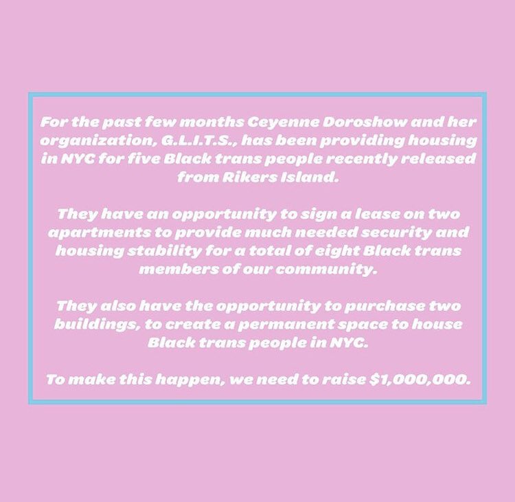 ababyish14's tweet photo. A lot of us cannot attend #BrooklynLiberation today, but you can still support #BlackTransLivesMatter ! 
Help @GlitsInc reach their goal to provide long-term housing for trans people! 
Donate: https://t.co/OyFJCNX9Ie
If you can’t donate, SHARE! 
(Visual from @GlitsInc ) https://t.co/wLQuEjsYSp