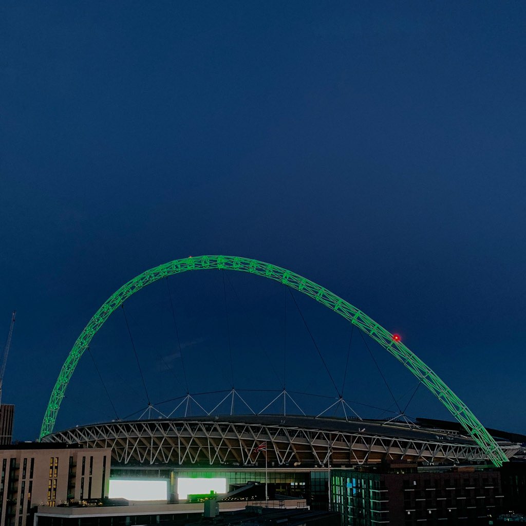 The @wembleystadium arch is lit #GreenForGrenfell tonight, in memory of those affected by the Grenfell Tower fire three years ago.

#GoGreenForGrenfell