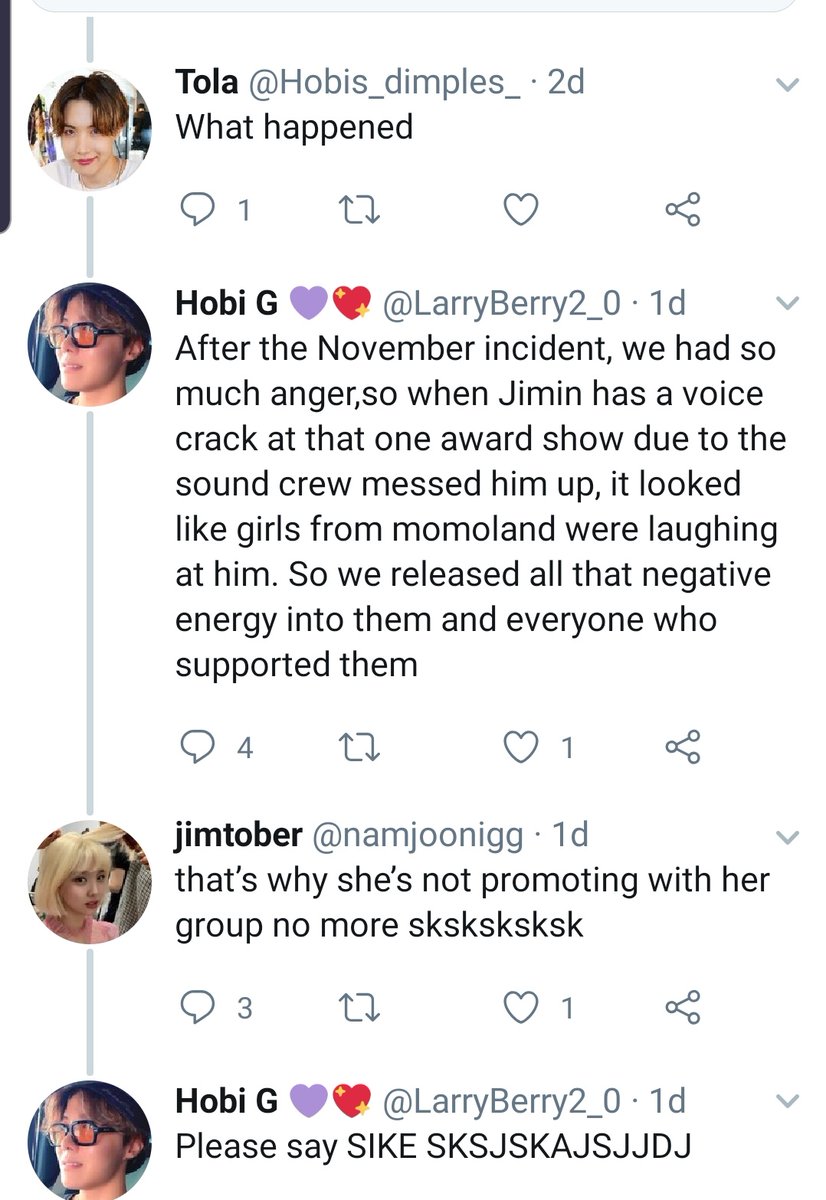 Armys always bring it up to discuss how proud they are of bullying. The fans of the group promoting  #ENDviolence talking about how they should make bullying momoland a yearly tradition & sad because "media" is watching so they can't give anyone the "momoland treatment" again.