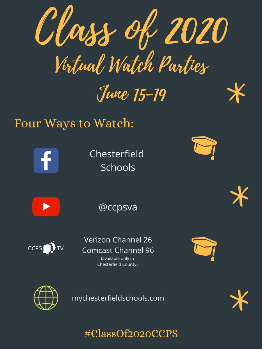 oneccps's tweet photo. Don't forget, the #oneCCPS Virtual Graduation Premiere Watch Parties for each high school's #ClassOf2020CCPS can be viewed on our division website, Facebook page, YouTube channel, or by tuning in to Verizon Channel 26 or Comcast Channel 96 (available only in Chesterfield County). https://t.co/O6vV2bMxkC
