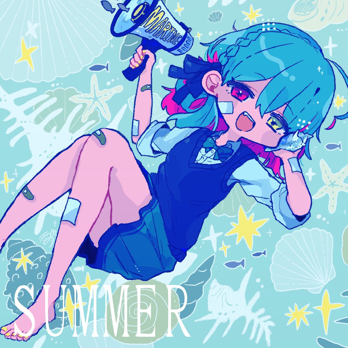 7人目 きゃでんちゃんからバトン受け取った 耳に当てると夏の音がす 雨音のイラスト