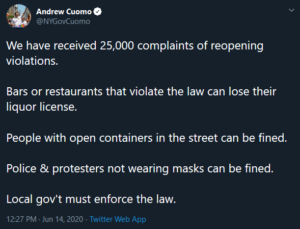 RedNationRising's tweet photo. If you own a business in New York, it's time to relocate. @NYGovCuomo has no issue with protesters in the streets, but expects anyone else to obey his draconian laws. To prevent future idiocy from occurring, vote republican. https://t.co/72AyfeLtHJ