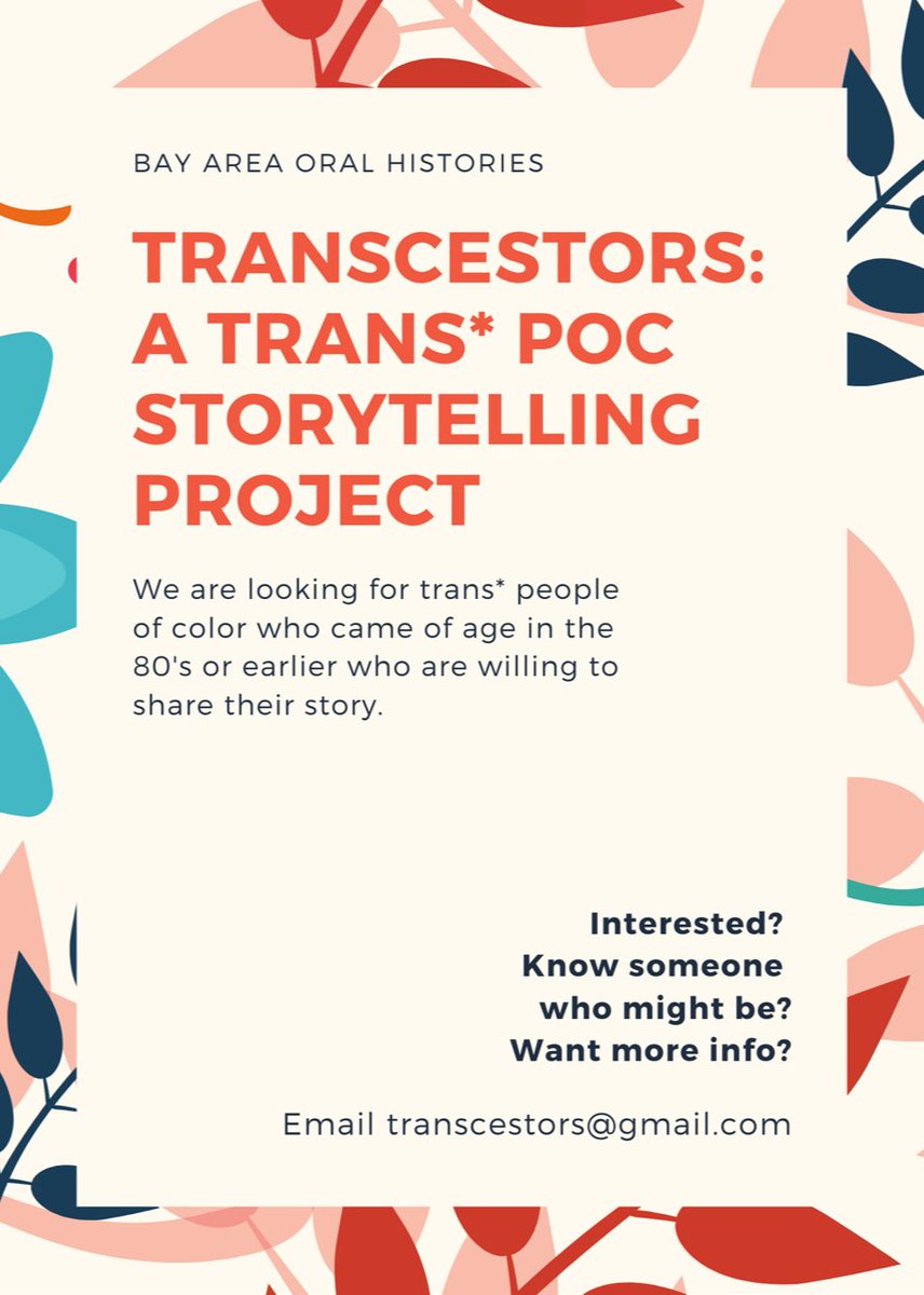 Casti_ACE's tweet photo. Do you or someone you know might be interested to participate in this new oral history project exploring trans* POC who came of age in the 80s or earlier, particularly in the SF Bay Area? Please share to support this student's oral history project. More info in image. https://t.co/yPVP3QJTmY