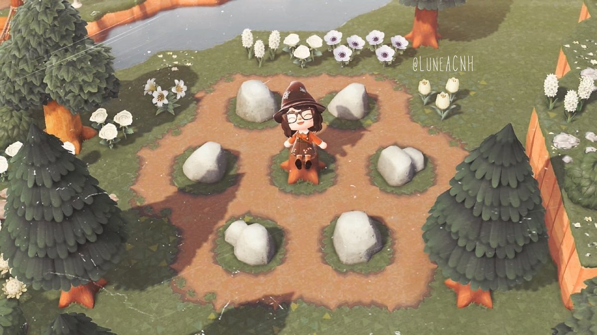 Just finished my little rock garden and I couldn’t be happier with how it turned out! Decided to put the new path around it with a tree stump in the middle, definitely giving some major LoZ lost woods vibes. 🧡✨🌿

#ACNH #AnimalCrossingNewHorizons #ACNHcottagecore #cottagecore