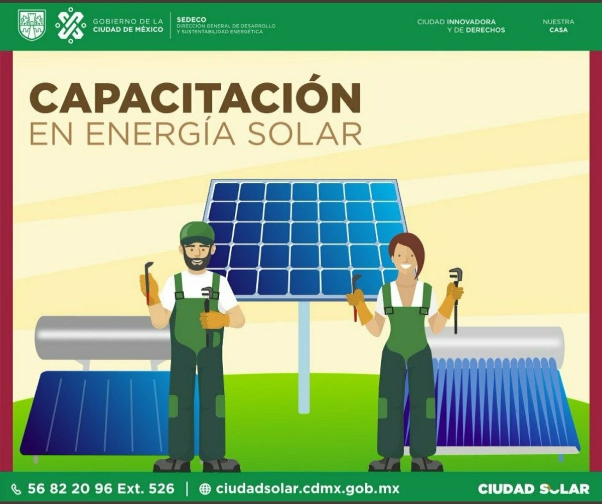 SedecoCDMX's tweet photo. Con #SEDECO puedes capacítarte y obténer una certificación como instalador en #EnergíaSolar 👷🏽‍♀️☀️ arranca tu propio negocio. Consulta los requisitos en el siguiente link: https://t.co/C0JN0lfB1T. Hay un 80% de apoyo económico para los habitantes de la #CiudaddeMéxico #CiudadSolar https://t.co/i1eNlrTdO3