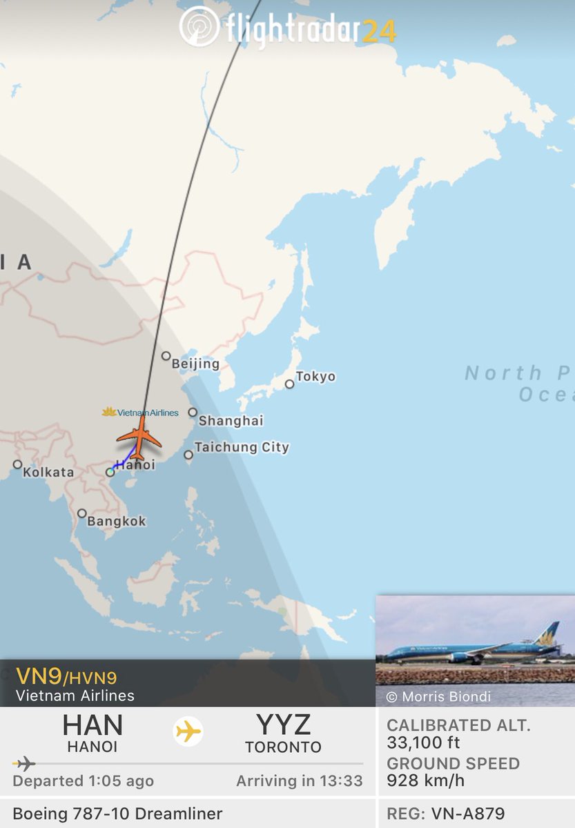 dflyy777's tweet photo. @VietnamAirlines inbound into @TorontoPearson once again, this time with their Dreamliner 787-10. #rarevisitor #yyzspotting #VN9
B787-10
ETA 0700L
Reg: VN-A879
@TomPodolec 
@livingbyyyz 
@ErnestGutschik 
@AviationBeavers https://t.co/bKO48AyZI9
