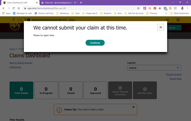 DYockman's tweet image. So I tried AGAIN to file a claim @UPSHelp and @UPS It seems like maybe I need to file a report with the @bbb_us because you guys are dragging me around now. Also, I've emailed #CarolTome to let her know your customer service is failing. #UPSFAIL #CustomerService