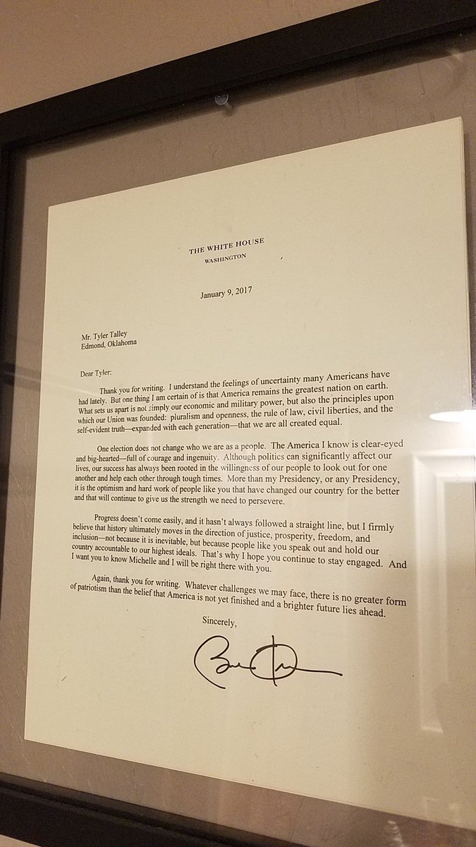 tylertalley22's tweet image. I wrote a letter to the White House in late 2016, expressing my anxieties and fears for future. I got this not too long afterwards. #ObamaAppreciationDay