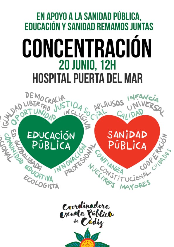 El próximo sábado la Coordinadora de la escuela pública de Cádiz estará junto a la Marea Blanca Andalucía apoyando una sanidad pública, por la Derogación de le Ley 15/97. Remamos en el mismo barco: sanidad y educación públicas 💚
(Estaremos en un lateral, con camisetas verdes 😷)