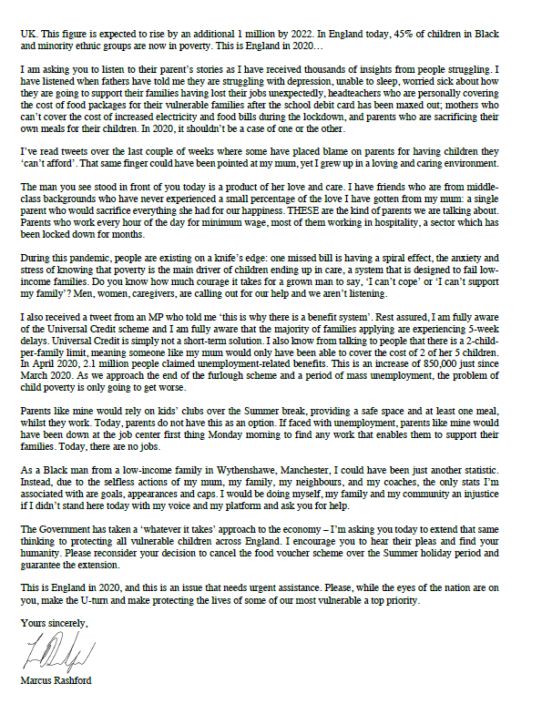 RobHarris's tweet photo. Man United striker Marcus Rashford writes to MPs in a plea to the government to extend the food voucher scheme for kids into the summer holidays https://t.co/A5DFww6SxM https://t.co/XBKPLO6quV