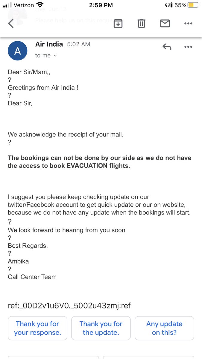 so_called_sanjy's tweet photo. @CGISFO @flySFO @MEAIndia @IndianEmbassyUS @SandhuTaranjitS @DrSJaishankar @HardeepSPuri @airindiain @airindiain this is the reply I got from your customer care. We want to book the AI174 connection flight to blr on 20th June 5Pm. We already have the booking for SFO-DEL on 19th June. If air India cannot book this flight , embassy cannot book this flight , then how do we book https://t.co/Ui3LhPMXiw
