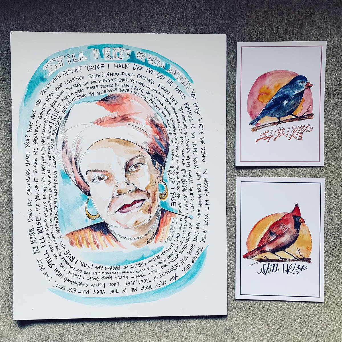 BridgetteCoyne's tweet photo. Selling some new art - 100% of the proceeds will benefit @_beamorg ! Prints of a drawing I did of #MayaAngelou and postcards i designed inspired by her poem “Still I Rise” ~ you can purchase at https://t.co/NEHbZdMj8M https://t.co/ywxSfmlnKj