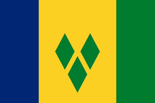 Saint Vincent and the Grenadines. 8.5/10. Adopted in 1985. Blue represents the tropical sky and the crystal waters, yellow stands for the golden Grenadine sands, and green stands for the islands' lush vegetation. Three diamonds make a 'V' for Saint Vincent.