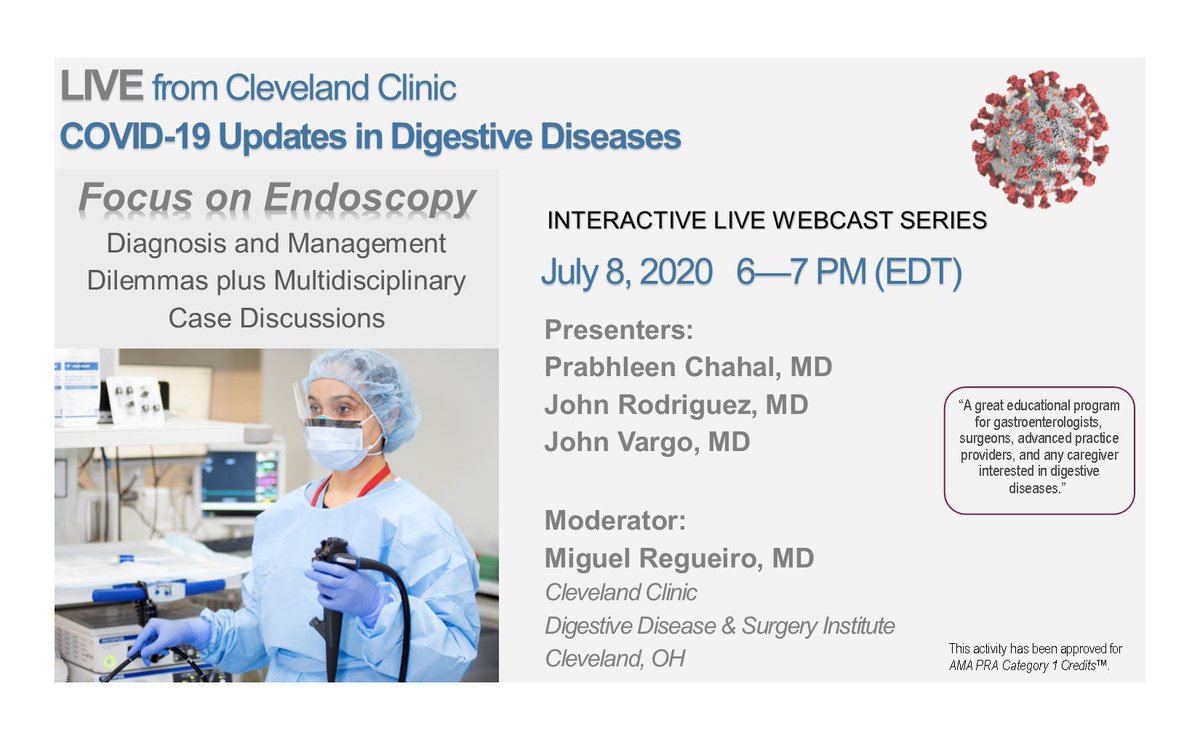 Conor Delaney (@conordelaneymd) on Twitter photo Tune in to #LIVEfromCleClinic on July 8 to hear <a href="/ChahalPrabhleen/">Prabhleen Chahal MD,MASGE,FACG</a>, <a href="/JohnVargoMD/">John Vargo</a>, <a href="/johnrodriguezMD/">John Rodriguez</a>, and <a href="/MRegueiroMD/">Miguel Regueiro</a> discuss the latest updates on #COVID19 and Endoscopy. PLUS Diagnostic and Management Dilemmas: Med-Surgery tips and tricks. Register at bit.ly/LiveCCFJuly Tune in to #LIVEfromCleClinic on July 8 to hear <a href="/ChahalPrabhleen/">Prabhleen Chahal MD,MASGE,FACG</a>, <a href="/JohnVargoMD/">John Vargo</a>, <a href="/johnrodriguezMD/">John Rodriguez</a>, and <a href="/MRegueiroMD/">Miguel Regueiro</a> discuss the latest updates on #COVID19 and Endoscopy. PLUS Diagnostic and Management Dilemmas: Med-Surgery tips and tricks. Register at bit.ly/LiveCCFJuly