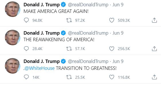 32. REPETITIVE ONE LINERSPresumably when he has nothing else to say, or just wishes to create chaos, Trump will spit out one line slogans that help with his broader effort to distract & divide. Sometimes he will tweet a few in quick succession, like in this example below.
