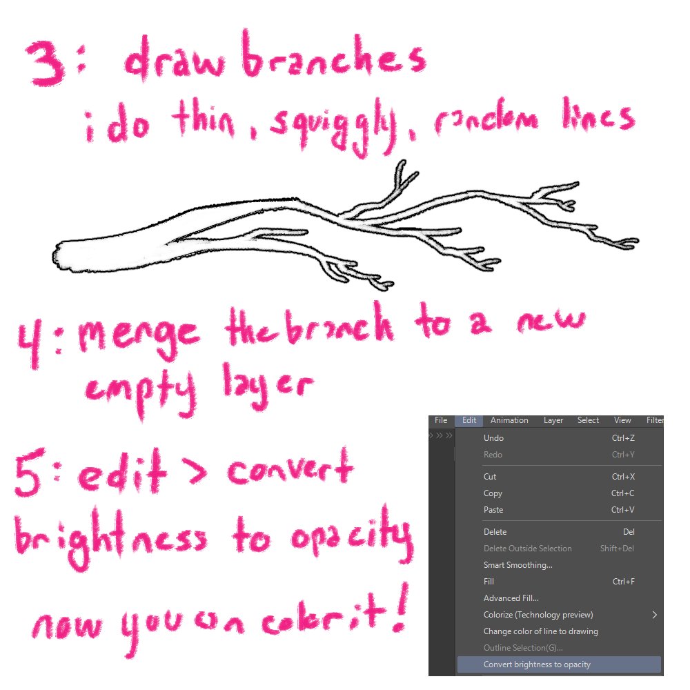 heres an ugly lil tutorial on how to draw tree branches (+ stuff) super fast in csp! worked like a charm on an order i worked on last night. have fun yeehaw 