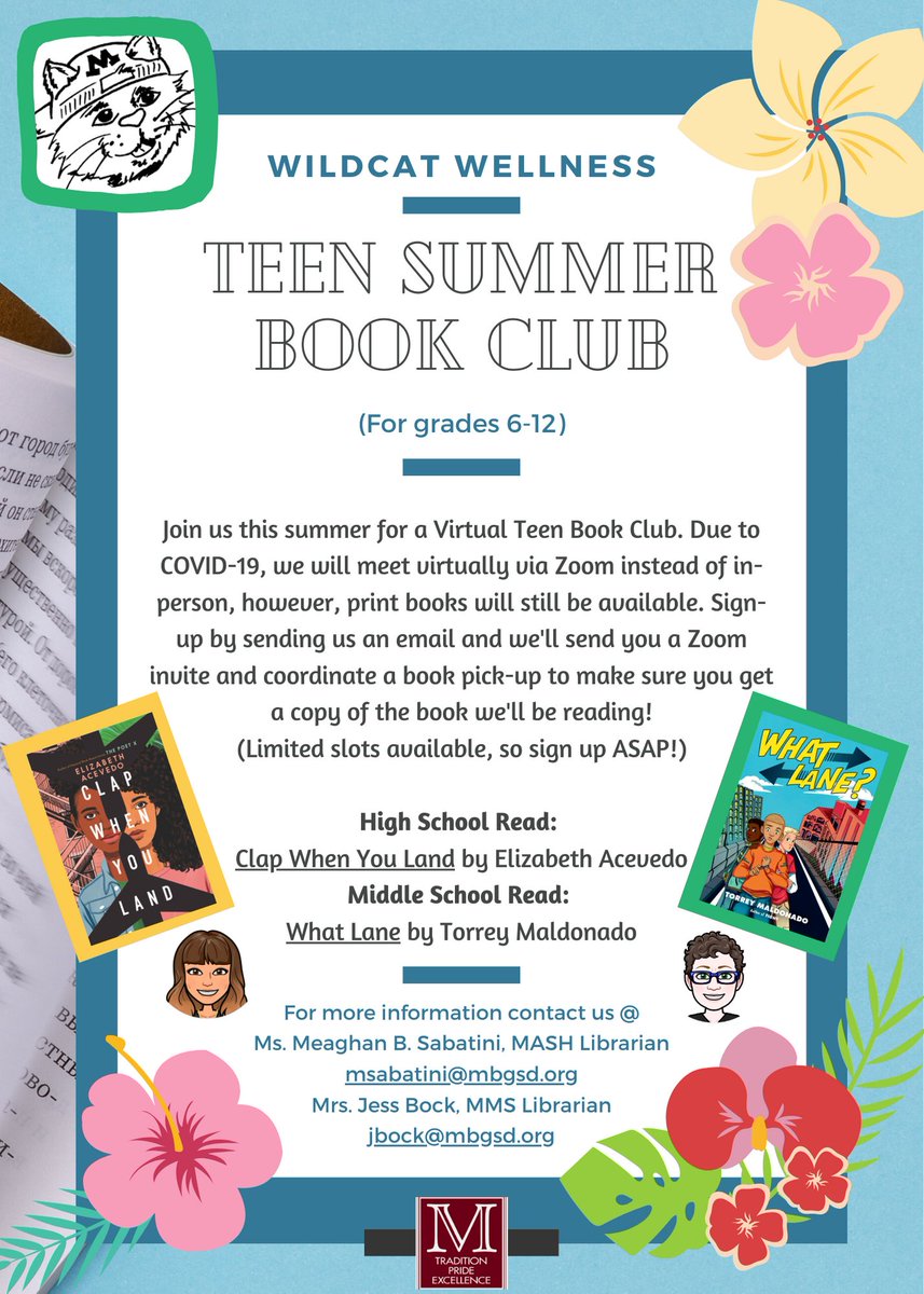 MsabatiniReads's tweet photo. Thanks to Wildcat Wellness, we're able to once again host a Teen Summer Book Club for teens going into grades 6-12 (& those who just graduated). Check out the flyers for more info.
#masdproud #masdlibraries #summerreading #virtualbookclub #teenreads #yareads https://t.co/KeerSrDt6f