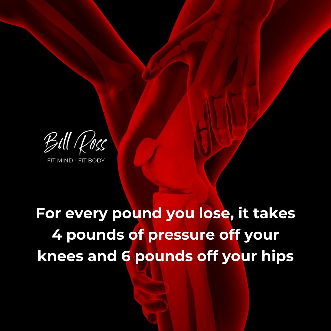 For every pound you lose, it takes 4 pounds of pressure off your knees and 6 pounds off your hips
.
.
.
#billrossfit #goals #fitness #personaltrainer #results #weightloss #workout #health #fitlife #exercise #strength #fitnesstrainer #totalbodystrength #injuryprevention #lesspain