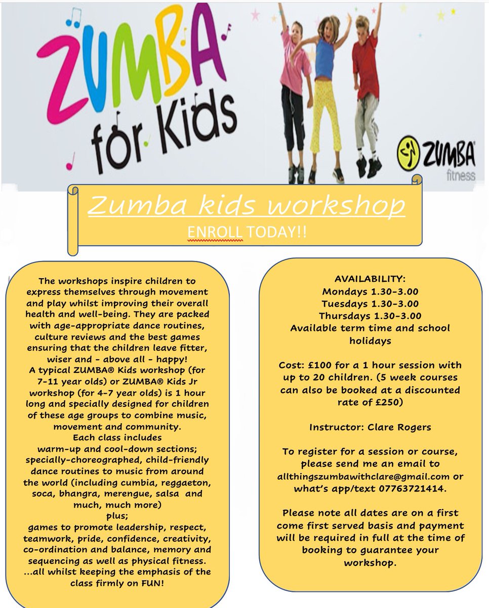 Allthingszumba's tweet photo. Bookings being taken for September 2020. Do you work in a school or day care faciility? how about a zumba kids workshop for ages 4-8 years, or a zumbini workshop for ages 18mths- 5 years. You can book a  one  hour session for £100 or a 5 week course for £250  
Text 07763721414 https://t.co/mRBwfSnPDE