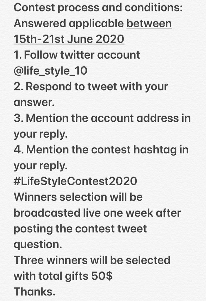 life_style_10's tweet photo. Contest process and conditions:
Answered applicable between 15th-21st June 2020
1. Follow twitter account @life_style_10
2. Respond to tweet with your answer.
3. Mention the account address in your reply.
4. Mention the contest hashtag in your reply. #LifeStyleContest2020 👇👇 https://t.co/0BXfByWhV5