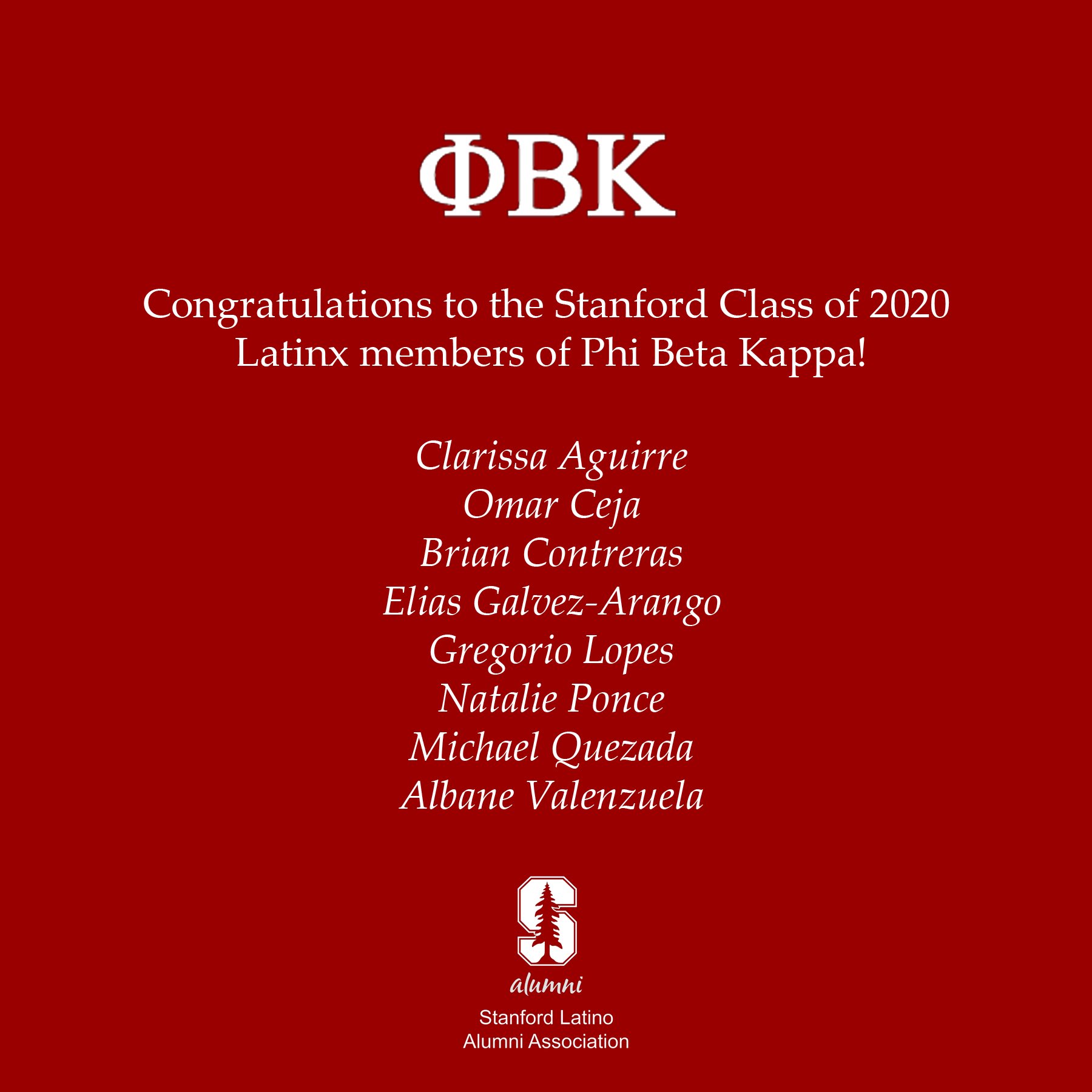 Stanford Latino Alumni Association on Twitter: "Congratulations to the Class of 2020 today! We'd also like to acknowledge the Latinx members of @PhiBetaKappa ... wow!! #stanford #stanfordalumni #Stanford2020 https://t.co/aIB7KTAIjx" / Twitter