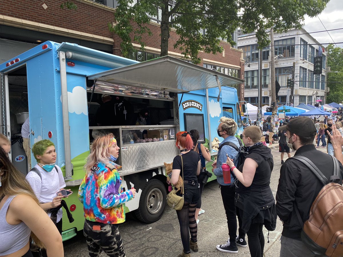 Omarisal's tweet photo. #CHAZ / #CHOP - Looks like @benandjerrys has joined in the Mutual Aid efforts in the zone. https://t.co/586hnV7PjH