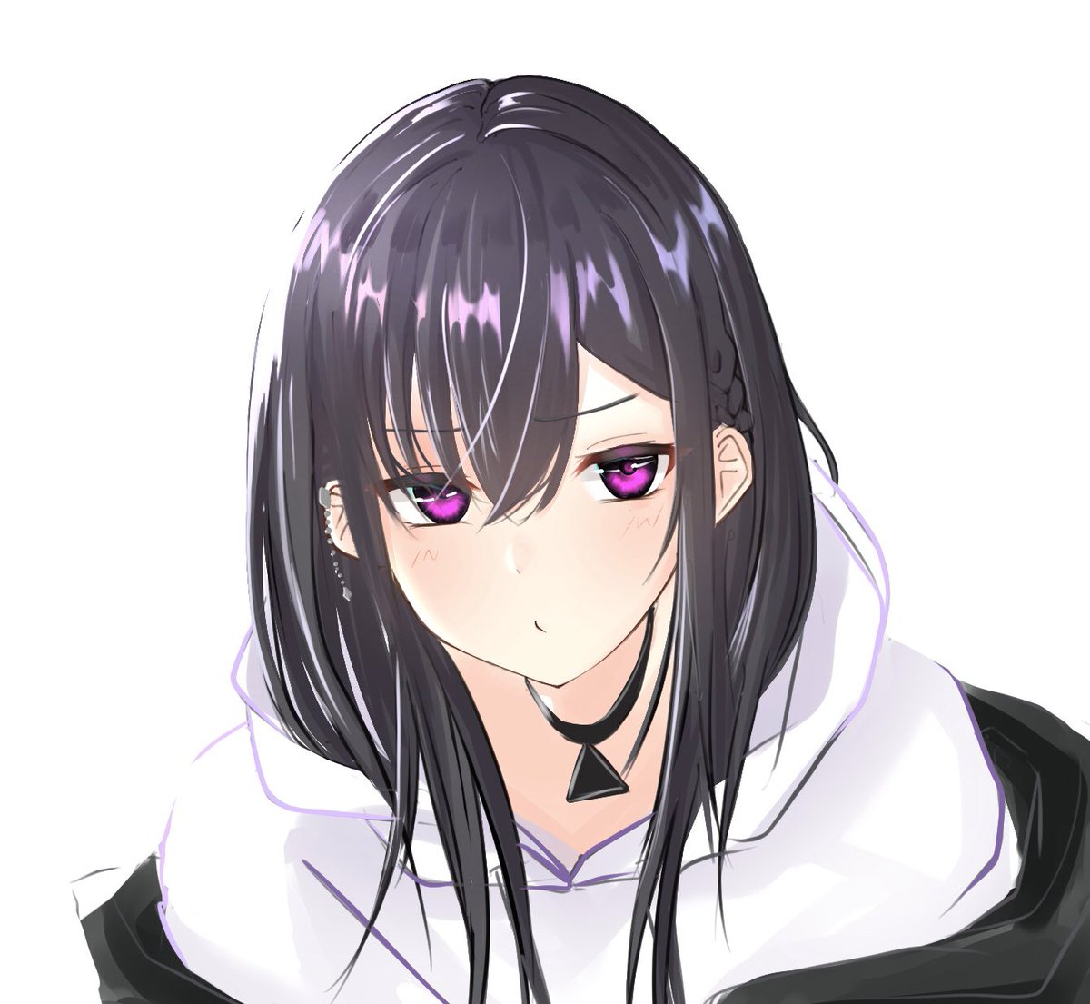 1girl white hoodie solo black hair purple eyes hood hoodie  illustration images