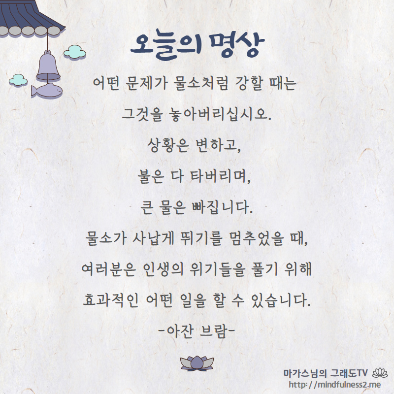 어떤 문제가 물소처럼 강할 때는 
그것을 놓아버리십시오.

상황은 변하고, 
불은 다 타버리며, 
큰 물은 빠집니다.

물소가 사납게 뛰기를 멈추었을 때,
여러분은 인생의 위기들을 풀기 위해
효과적인 어떤 일을 할 수 있습니다.

-아잔 브람-