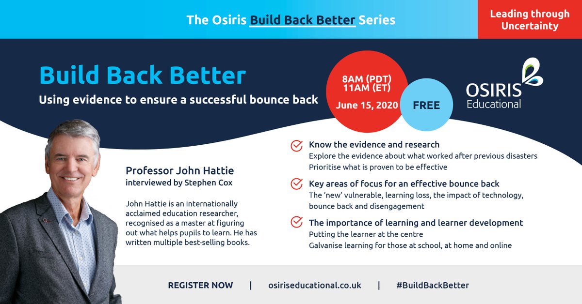 Join us Monday as Stephen Cox interviews John Hattie on how to use evidence and research to build back better. <a href="/osirisedu/">Osiris Educational</a> #WeAreVL #VisibleLearning

Register here: ow.ly/kNAw50A7qYW