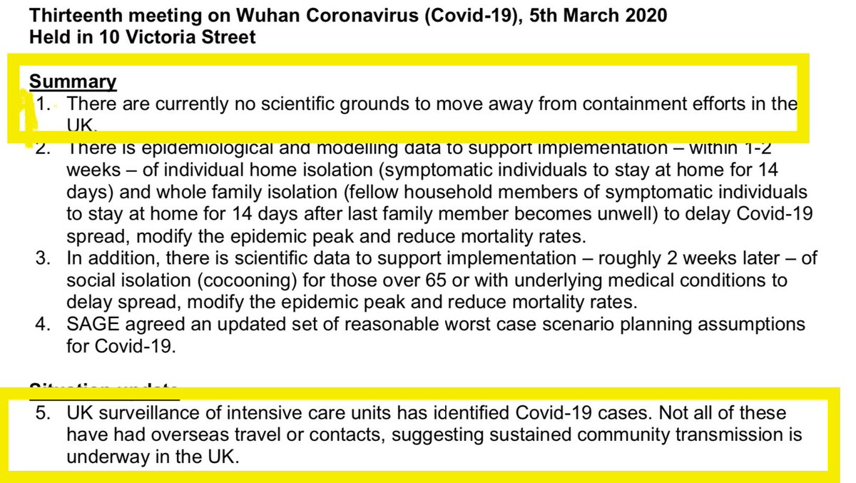 36/. Minutes of this 5/3 meeting suggest "sustained community transmission was underway” & yet it was decided “there are no scientific grounds to moving from contain to delay”.Surely there were grounds to start protecting & vulnerable?Apparently not!  https://assets.publishing.service.gov.uk/government/uploads/system/uploads/attachment_data/file/888781/S0381_Thirteenth_meeting_on_Wuhan_Coronavirus__Covid-19__.pdf