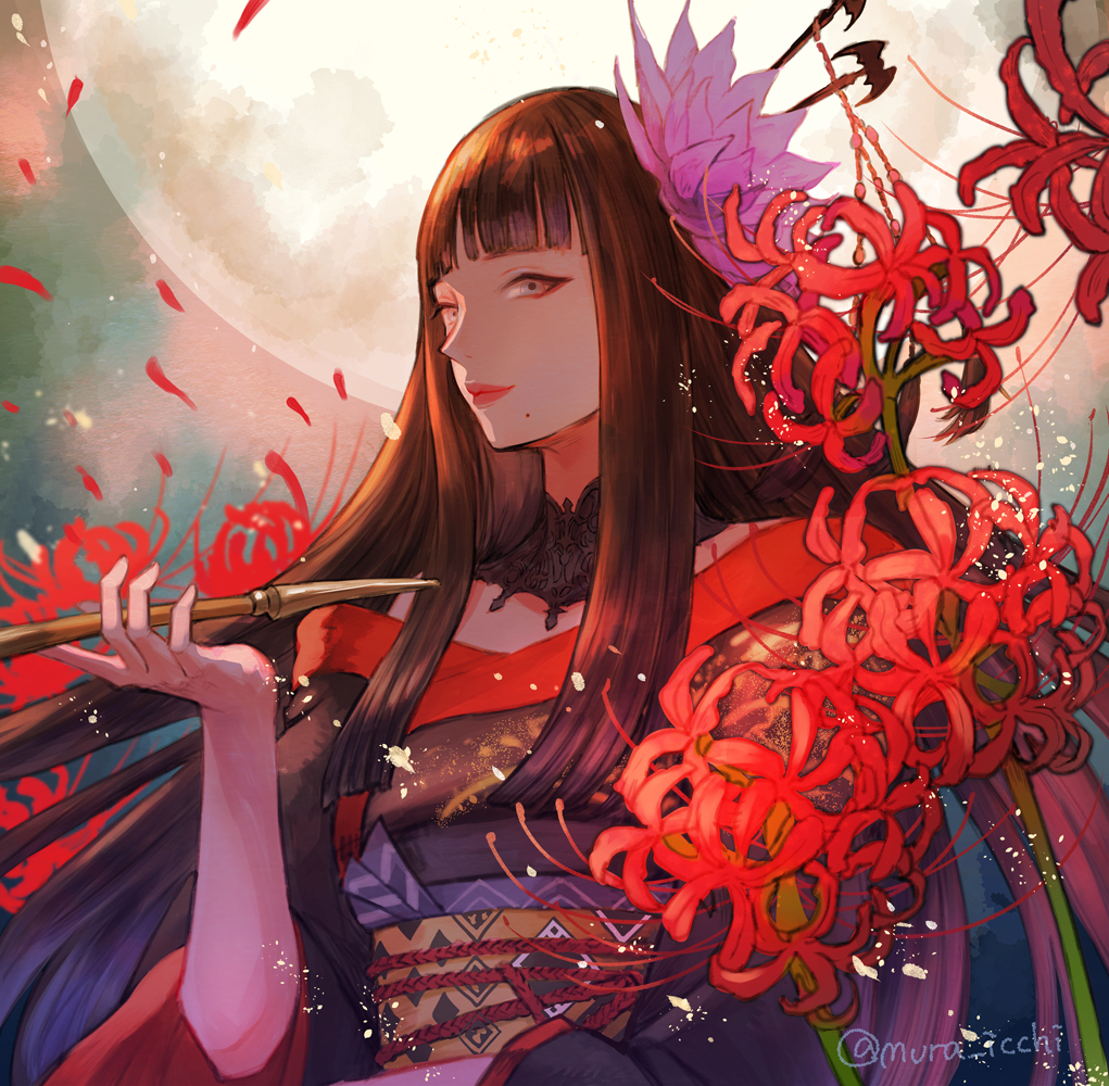 1girl spider lily moon hyur flower mole under mouth solo  illustration images