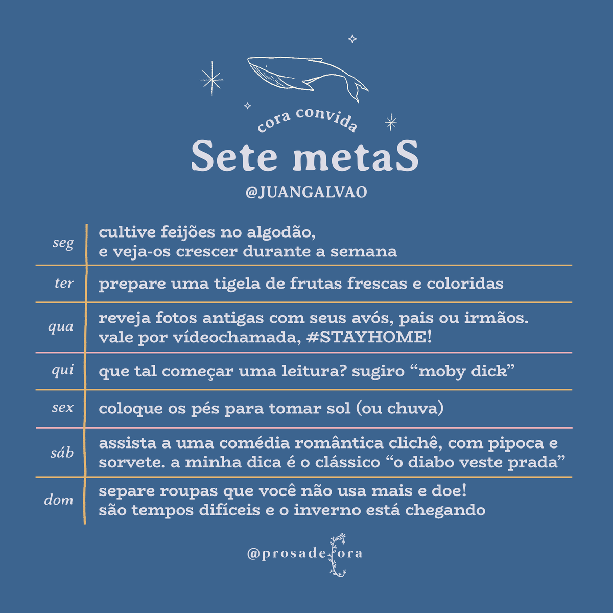 prosadecora's tweet photo. Que as estrelas se alinhem para o anúncio mais importante deste dia: o @JuanGalvao criou as #7metas desta semana para nós! ✨🪐 O Juan é músico, apreciador das miudezas da vida e dono de um gosto ímpar para arte. 🎫 https://t.co/AUNuemEO9o