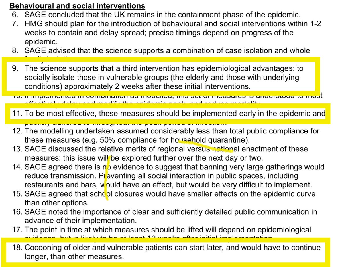 37/. SAGE recognized the risk facing the elderly & vulnerable & the need for “early measures”...YET they recommend there should be a delay of “roughly 2 weeks” before isolating them."Cocooning of older and vulnerable patients can start later."No reason is given for his delay.