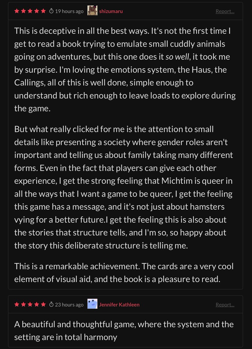 GrimOgreLabs's tweet image. I just cried tears of joy bc of these reviews I got on grimogre.itch.io/michtim 

THANK YOU! you cheer me up in a big way! #hamsterpunk #ttrpg #michtim