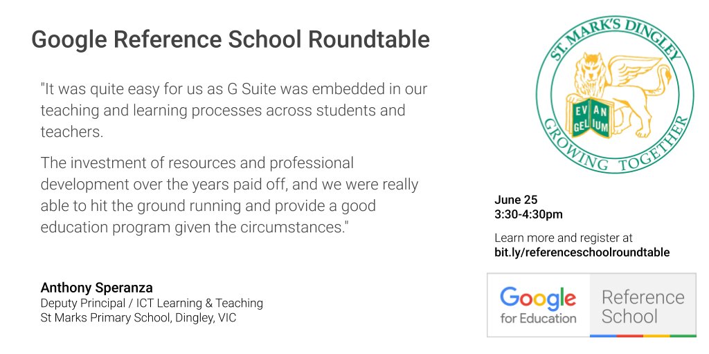 Over the next few weeks our there will be a series of Roundtable Webinars featuring our school and other Google Reference schools. What did we all learn from remote learning? - Wednesday June 17th - Monday, June 22nd - Thursday, June 25th Register at bit.ly/referenceschoo…