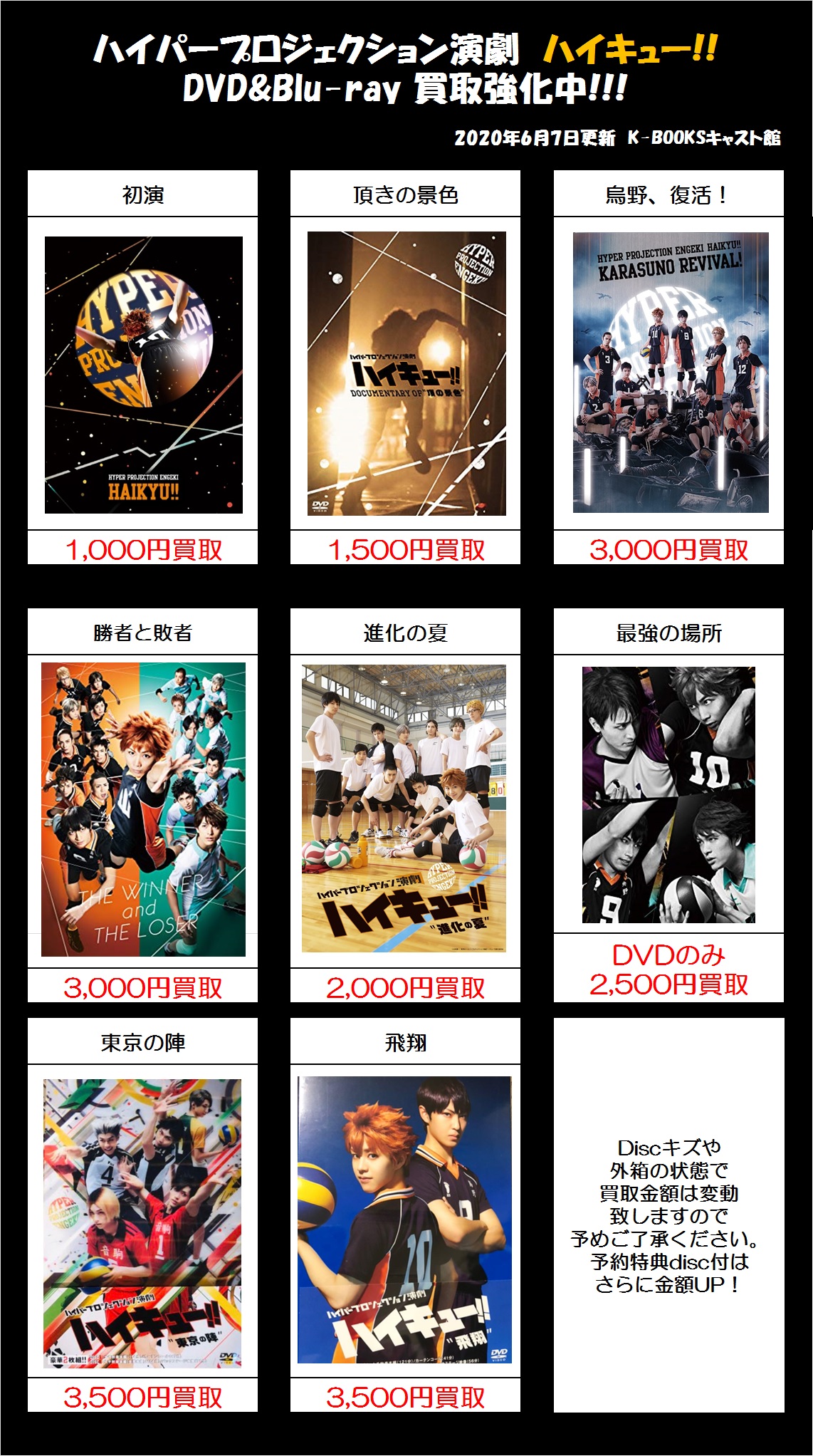 K Books キャスト館 入荷情報 ハイパープロジェクション演劇 ハイキュー より 頂きの景色 烏野復活 のdvdが入荷致しました ハイステ 関連dvd 最強の挑戦者 関連グッズの買取ご利用もお待ちしております Kbooks 須賀健太 木村達成