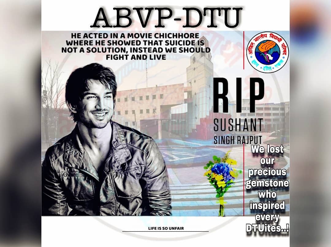 AparnenduABVP09's tweet photo. DTU is very lucky to get Sushant Sir, such Great inspirational youth Icon,You will always be alive in The Heart of DTU,
"success ke baad plan sabke paas hota hai, lekin agar Galti se fail ho jae, to failure se kaise deal Karna hai, ispar koi baat Nahi Karna chahta"
#SushantRIP https://t.co/5dy7PrRyRl