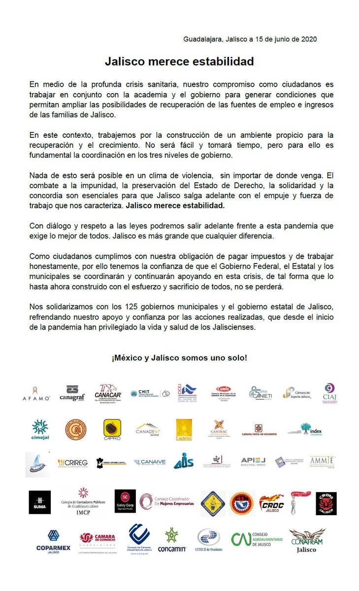 CCIJalisco's tweet photo. #JaliscoMereceEstabilidad Iniciativa privada, academia y los tres niveles de gobierno, debemos generar condiciones para la #RecuperaciónEconómica, devolverle a las familias de Jalisco su ingreso con empleos en un #JaliscoSinViolencia y cumpliendo cada quien su parte. https://t.co/Bl0hVpyJEA